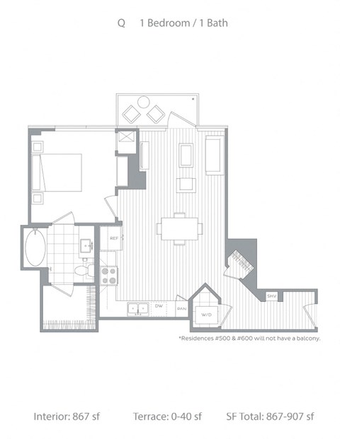 Floor plan for 1 bed, 1 bath, 901 sqft